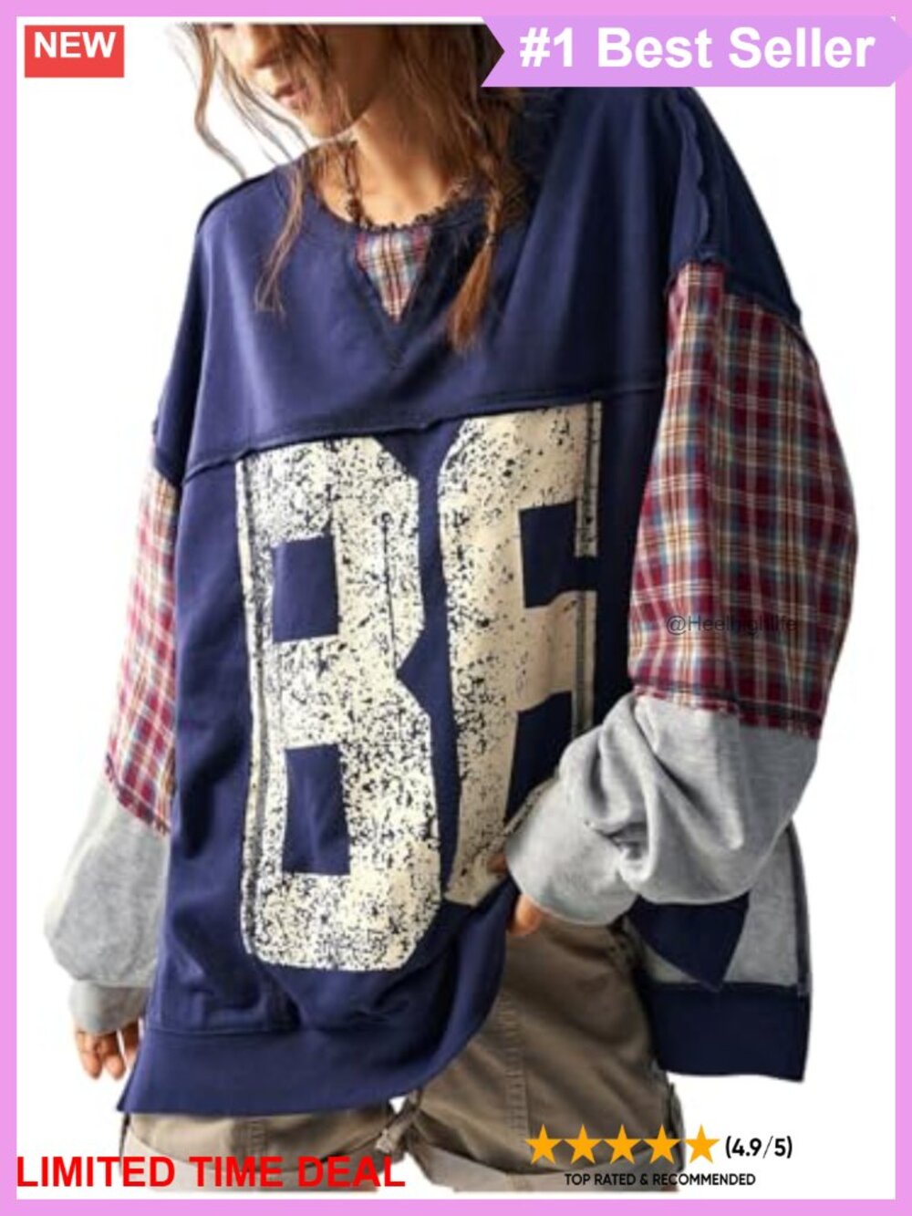 WDIRARA Women's Graphic Plaid Patchwork Sweatshirt Long Sleeve Pullover